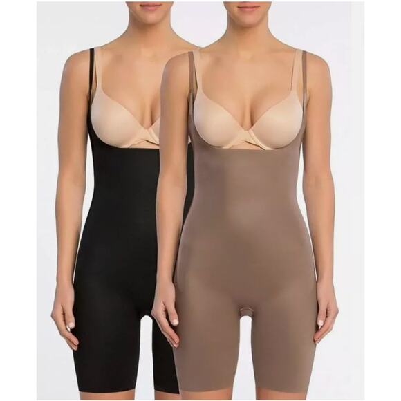 New SPANX 10048R Open Bust Reversible Mid Thigh Bodysuit Black / Taupe XL - Picture 2 of 9